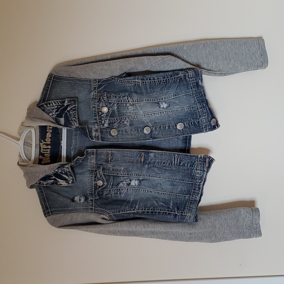 Jean jacket with light gray hood and sleeves. - Picture 1 of 8